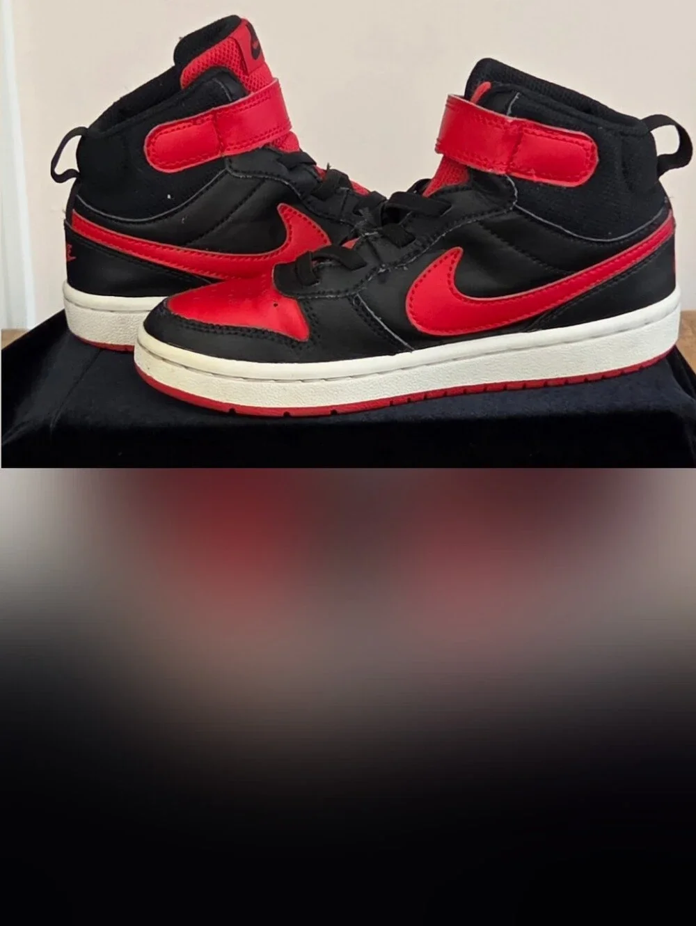 Boys Nike Black and Red High-Top Sneakers with Velcro Strap Closure